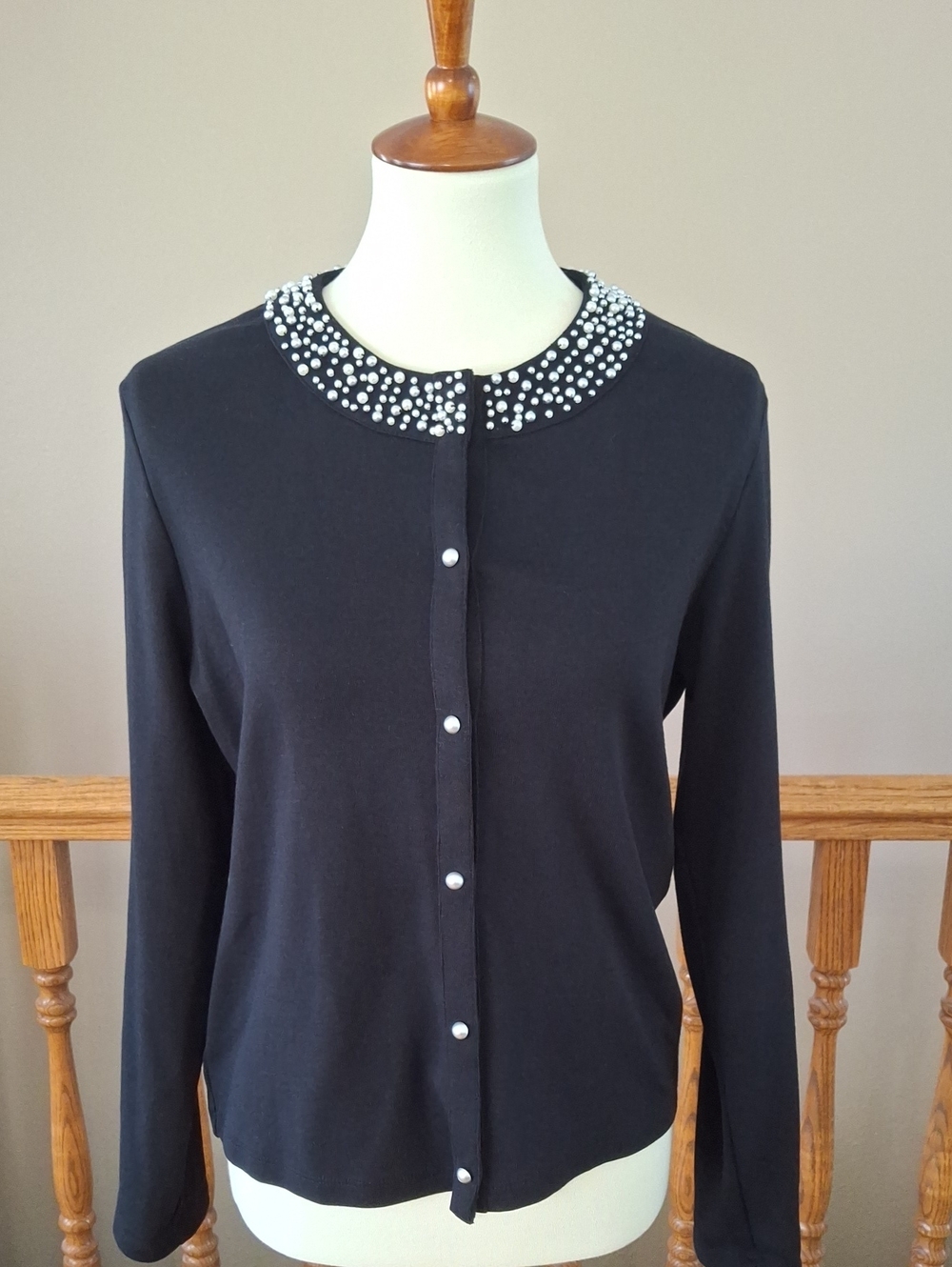 Rafaella Black Pearl-Embellished Collar Button-Front Cardigan